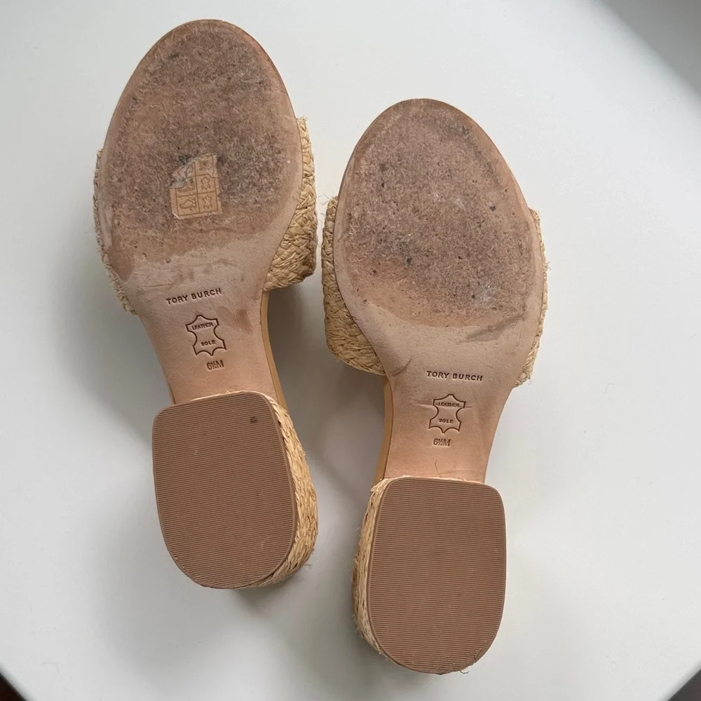 Tory Burch Everly Natural Raffia Slide Mules with Gold Logo